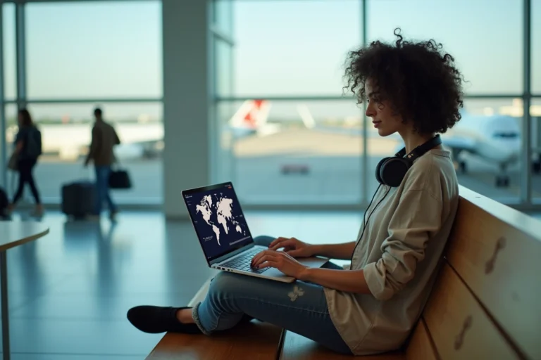 Femme nomade digitale assise dans un aéroport, ordinateur portable ouvert sur des activités de voyage à explorer en ligne