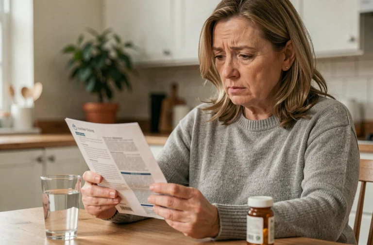 Femme lisant la notice d'un médicament avec une bouteille de comprimés et un verre d'eau sur une table de cuisine