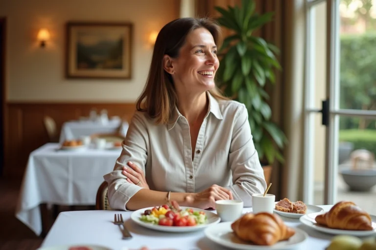 Femme souriante au petit-déjeuner buffet dans un hôtel en formule pension complète LPD