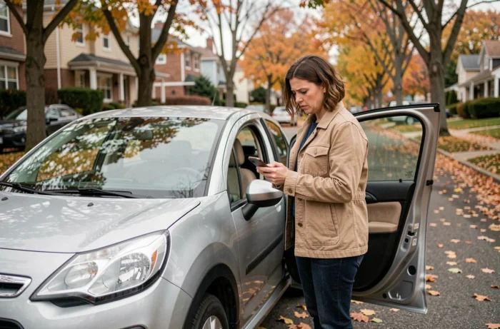 Femme consultant son téléphone à côté de sa Citroën C3 garée dans une rue résidentielle après problème de batterie