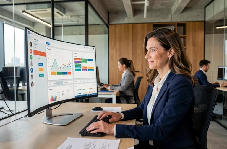 Femme professionnelle analysant un tableau de bord CRM et marketing automation sur grand écran dans un bureau moderne