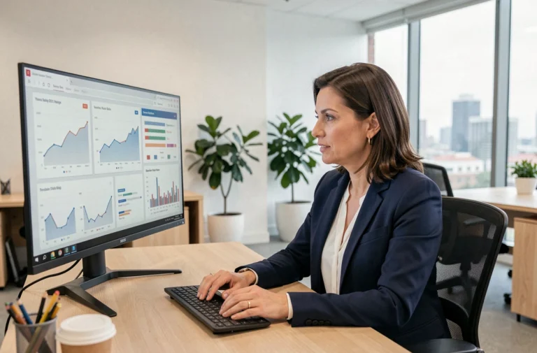 Femme professionnelle gérant ses comptes sur une plateforme de gestion d'activité au bureau