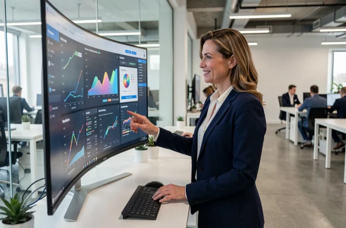 Femme professionnelle en bureau moderne interagissant avec des tableaux de bord analytiques sur un écran incurvé, illustrant les innovations technologiques en entreprise