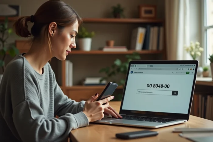 Femme cherchant un numéro de téléphone via un annuaire inversé sur son ordinateur portable à domicile