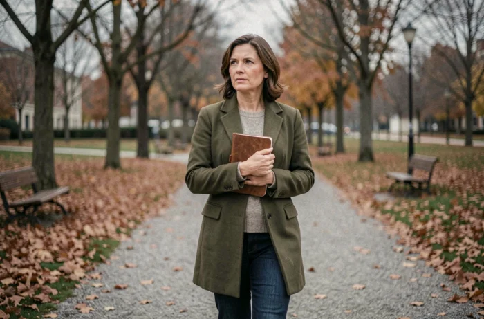 Femme marchant seule dans un parc en automne avec un carnet, symbolisant la résilience et le chemin vers la reconstruction personnelle après une rupture