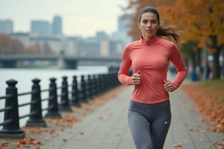 Femme sportive en tenue de running courant le long d'un chemin urbain au bord de l'eau en automne