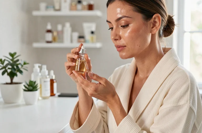 Femme appliquant un sérum hydratant sur son visage devant une coiffeuse minimaliste, tendances soins de la peau éclatante