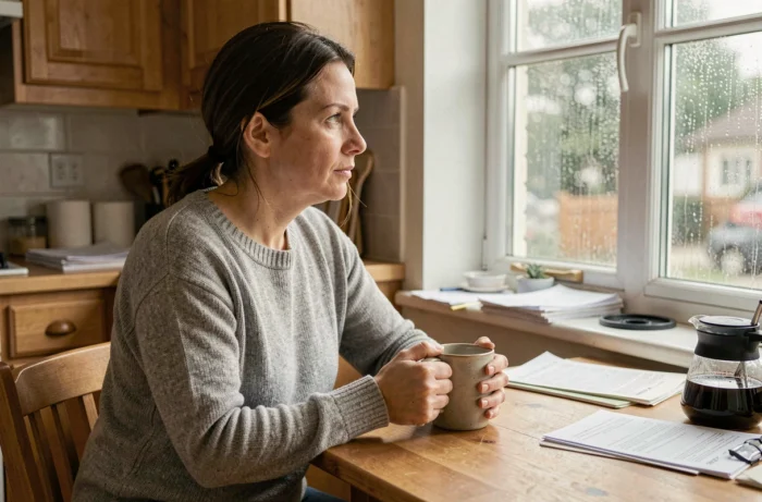Femme seule assise à une table de cuisine tenant une tasse, regardant par la fenêtre sous la pluie, exprimant une profonde réflexion après une séparation amoureuse