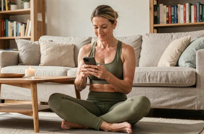 Femme lisant des témoignages sur le programme Reborn21 depuis son salon sur smartphone