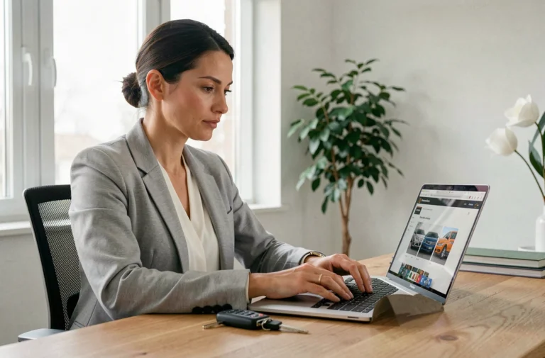 Femme consultant un site de vente de voiture en ligne sur un ordinateur portable depuis son bureau à domicile