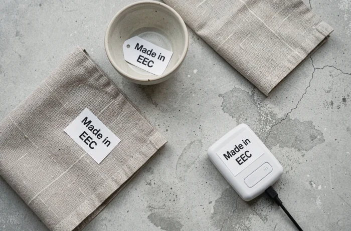 Flat lay de produits du quotidien avec étiquettes Made in EEC sur surface en béton gris