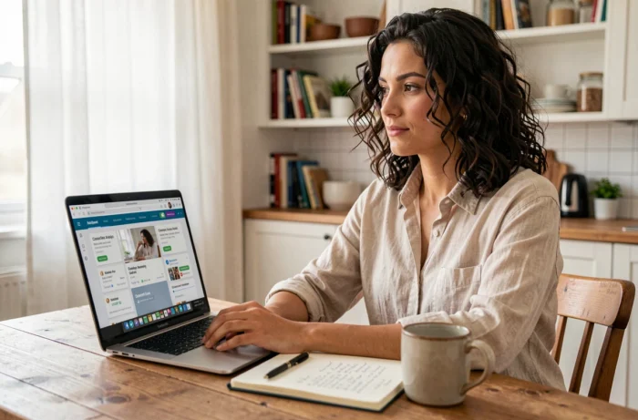 Jeune femme en formation data analyst à distance depuis son domicile, prenant des notes devant sa plateforme e-learning, reconversion professionnelle avec Pôle emploi