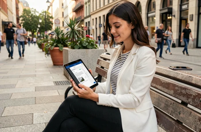 Jeune professionnelle consultant ses documents sécurisés sur tablette et smartphone en extérieur urbain