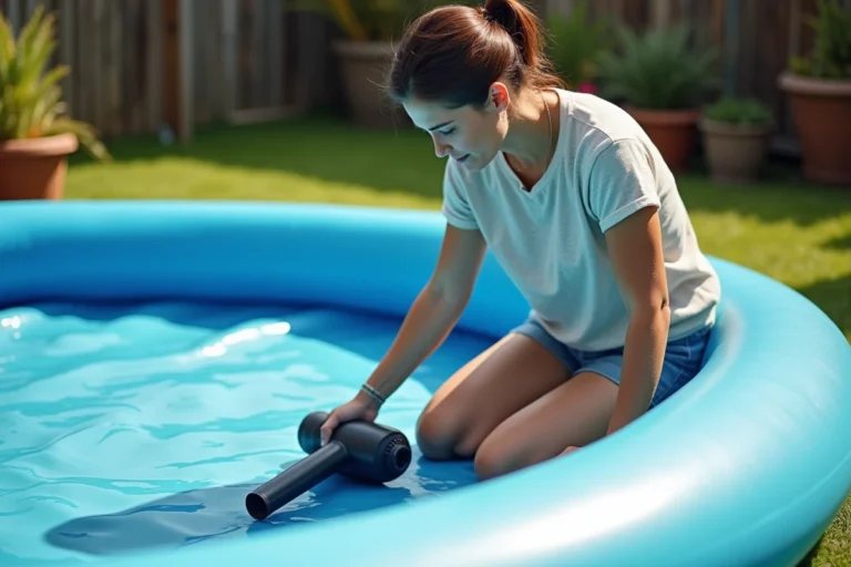 Femme utilisant un sèche-cheveux pour gonfler une piscine gonflable dans un jardin