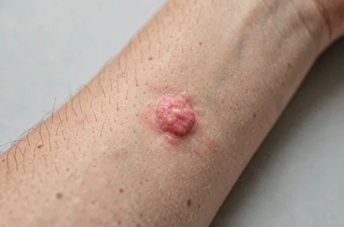 Gros plan d'un nodule inflammatoire rouge et légèrement surélevé sur la peau d'un avant-bras
