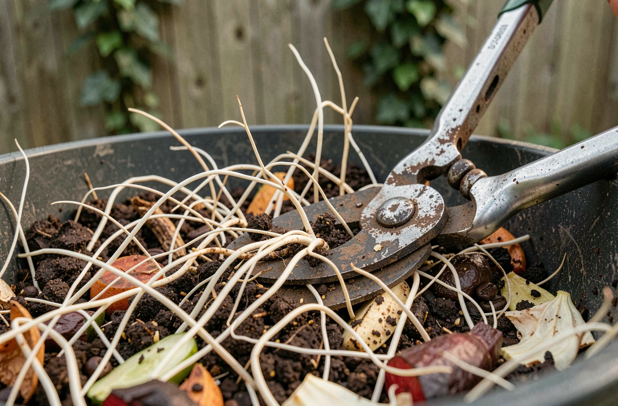 Gros plan sur un réseau de racines blanches envahissant l'intérieur d'un bac à compost ouvert avec des déchets organiques