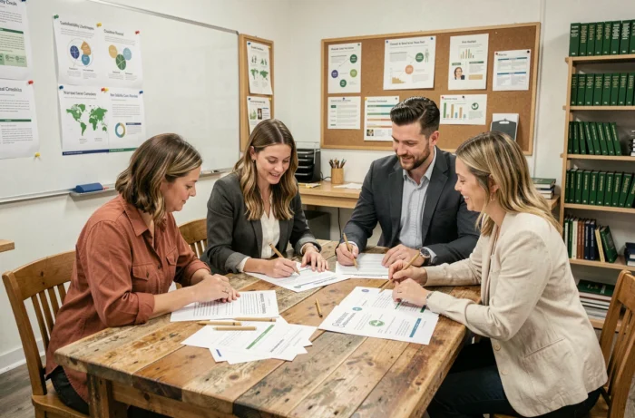 Groupe de professionnels collaborant sur des plans de carrière durable autour d'une table en bois recyclé dans un atelier communautaire