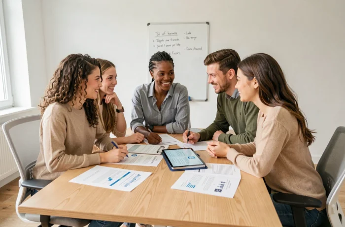 Groupe de jeunes professionnels collaborant autour des services Jeune et Actif dans une salle de réunion moderne