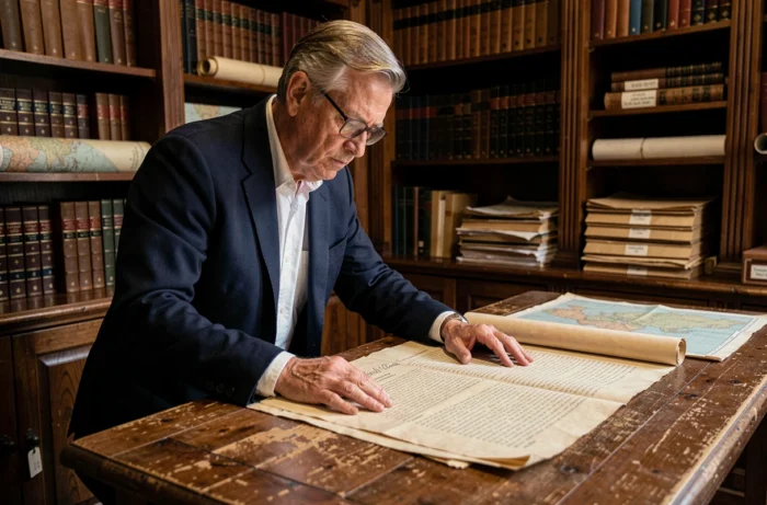 Historien examinant des documents officiels anciens liés aux Conventions de Genève dans une salle d'archives