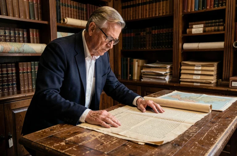 Historien examinant des documents officiels anciens liés aux Conventions de Genève dans une salle d'archives
