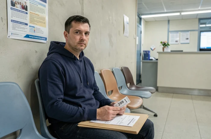 Homme en salle d'attente d'une agence CAF pour une demande de RSA en complément de salaire