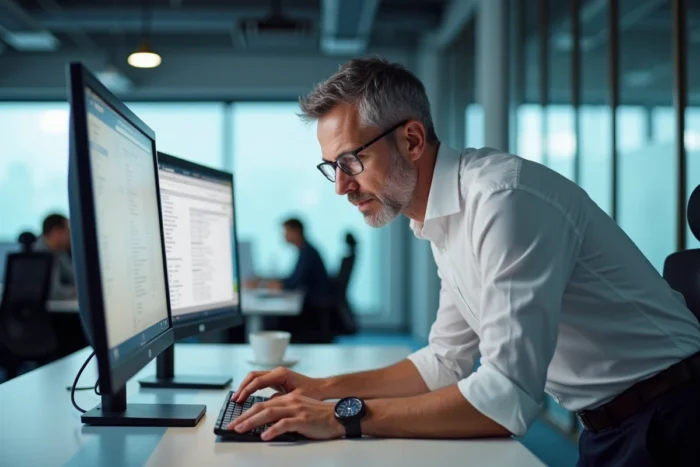 Homme en bureau consultant un annuaire téléphonique inversé gratuit sur un grand écran d'ordinateur