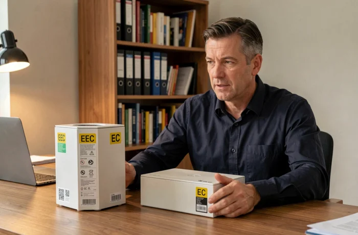 Homme comparant deux produits électroniques avec étiquettes Made in EEC sur un bureau en bois