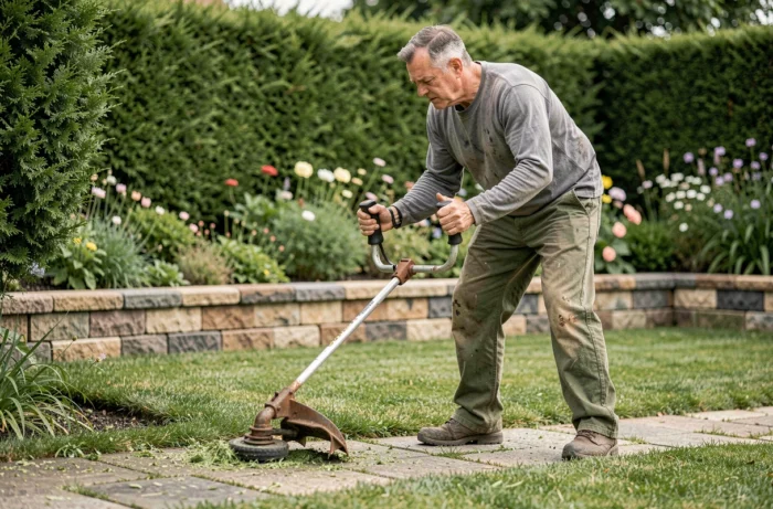 Homme utilisant un coupe-bordure thermique pour délimiter les bordures d'un jardin bien entretenu
