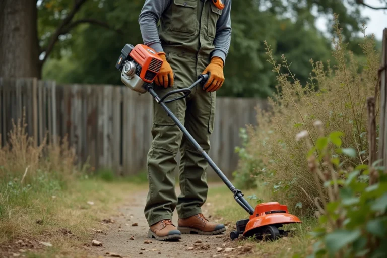 Homme utilisant une débroussailleuse thermique pour entretenir un jardin envahi par les mauvaises herbes