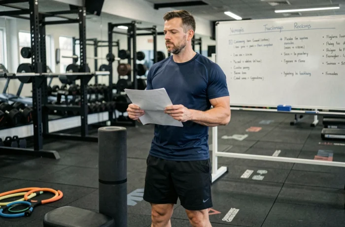 Homme en salle de sport lisant les retours d'expérience sur le programme Reborn21