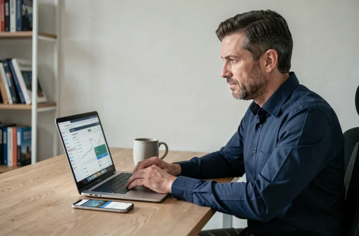 Homme gérant ses finances personnelles sur ordinateur portable dans un bureau à domicile moderne