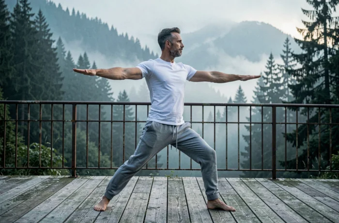 Homme en posture du guerrier II sur une terrasse en bois face à une vallée montagneuse brumeuse, illustrant la pratique du yoga en plein air pour l'équilibre physique et mental