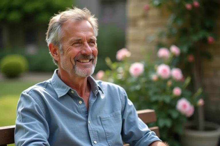 Portrait d'un homme d'âge mûr souriant dans un jardin de style campagne française, ambiance détendue en couple