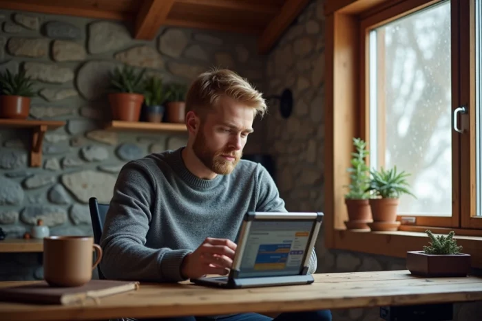 Homme nomade digital travaillant sur une tablette dans un chalet de montagne, explorant des activités de voyage en ligne