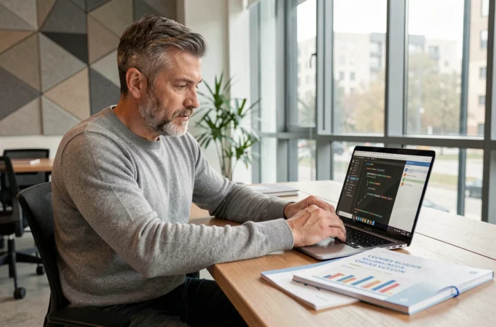 Homme en reconversion professionnelle suivant une formation data analyst en espace de coworking avec un ordinateur portable et des supports de cours