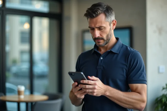 Homme consultant une page de réinitialisation de mot de passe sur smartphone pour accéder à la vente au personnel L'Oréal