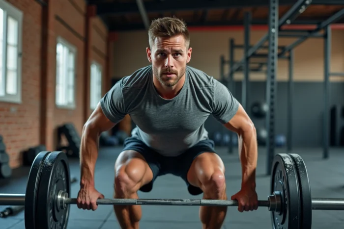 Homme effectuant un squat avec haltère dans une salle de sport fonctionnelle moderne
