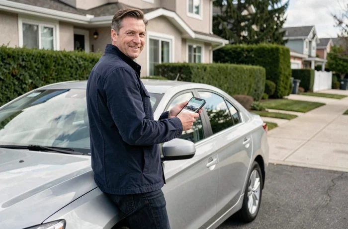 Homme vendant sa voiture en ligne avec une application mobile depuis son domicile