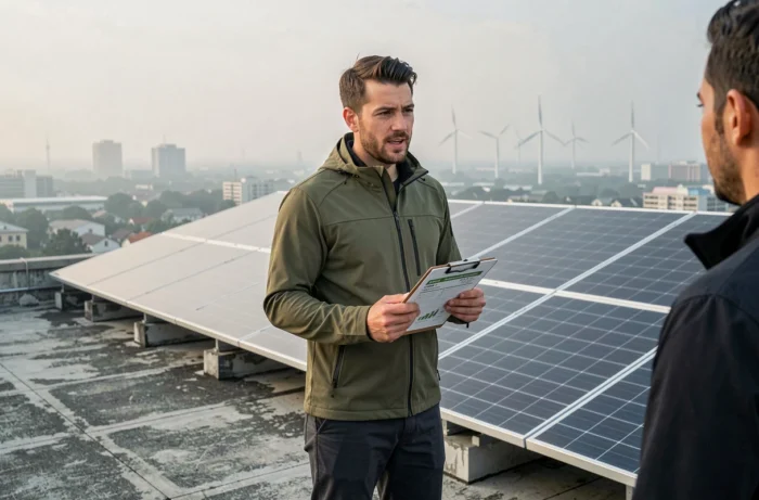 Ingénieur en énergies renouvelables inspectant des panneaux solaires sur un toit urbain avec un collègue