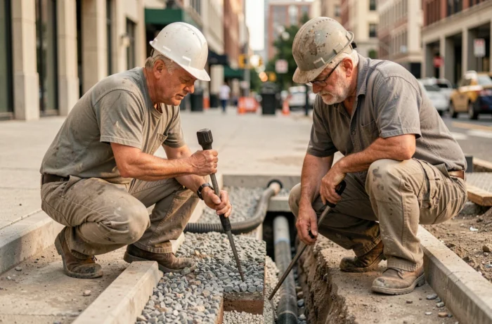 Deux ouvriers inspectant la qualité de compaction du gravier dans une tranchée sur un chantier urbain