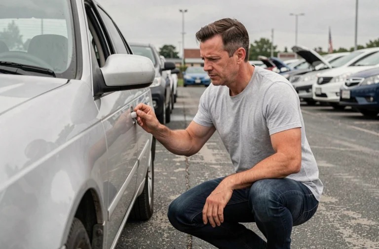 Homme inspectant une voiture d'occasion dans un parking de concessionnaire