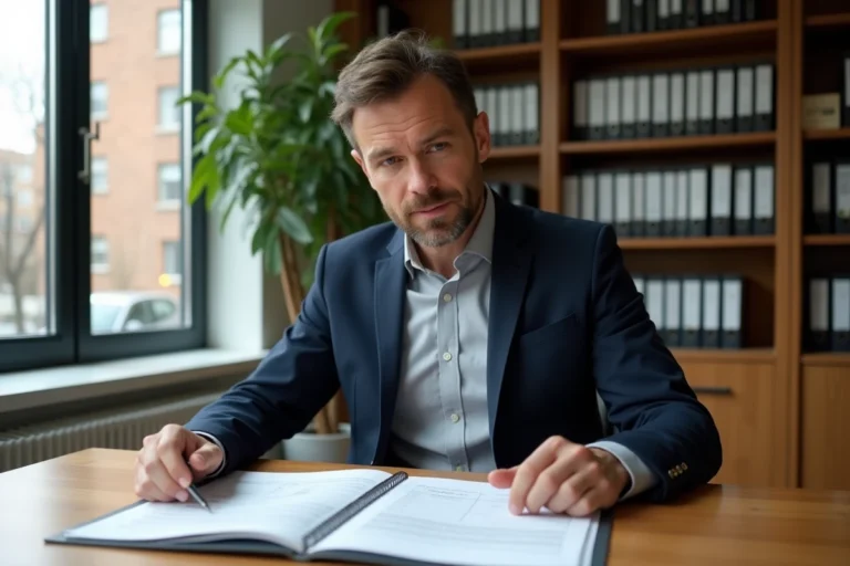 Investisseur immobilier analysant des documents fiscaux liés au dispositif de Robien dans un bureau moderne