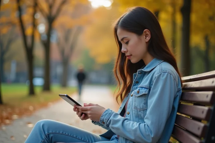 Jeune femme dans un parc utilisant une tablette pour effectuer une recherche par annuaire inversé
