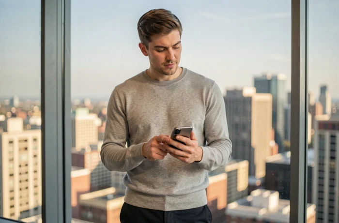 Jeune homme actif consultant une application de développement professionnel depuis un bureau en ville