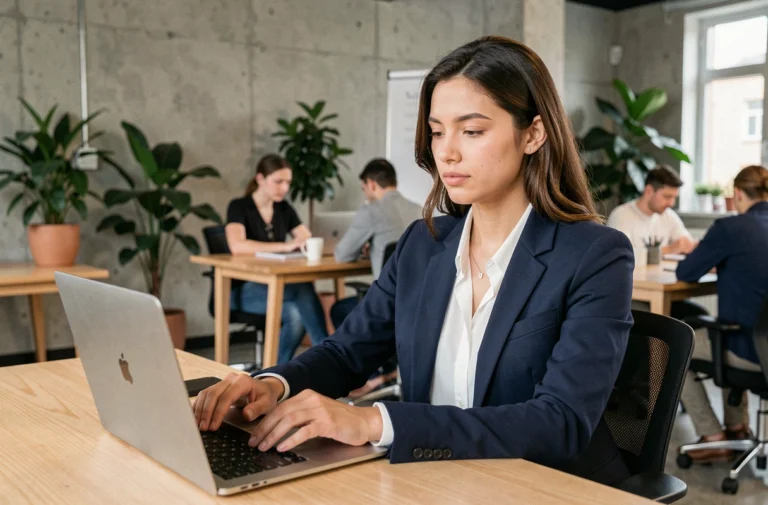 Jeune professionnelle utilisant une plateforme de services professionnels en ligne dans un espace de coworking moderne