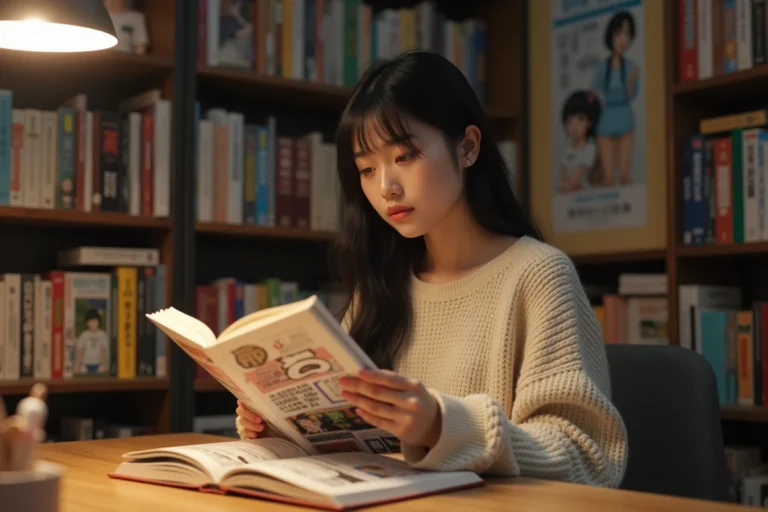 Jeune femme lisant un manga yaoi en version originale japonaise dans une bibliothèque à domicile