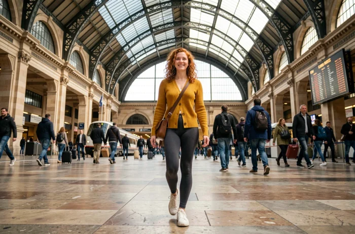 Femme se déplaçant librement dans la gare de l'Est après avoir déposé ses bagages en consigne