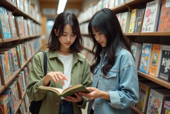 Deux jeunes femmes feuilletant des mangas dans une librairie spécialisée en bandes dessinées japonaises