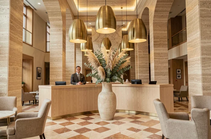 Hall d'entrée majestueux d'un grand hôtel de luxe avec sol en mosaïque, décoration contemporaine et concierge en costume