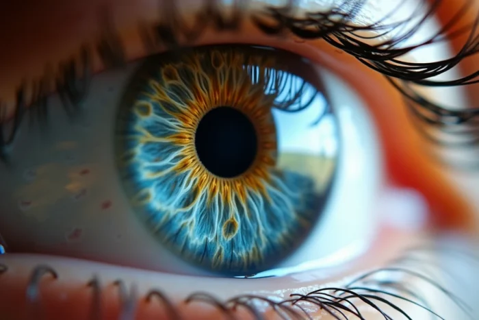 Vue macro d'un iris bleu avec anneau jaune doré autour de la pupille, détail de l'hétérochromie centrale